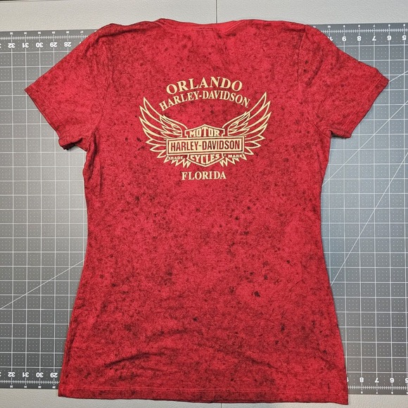 Harley Davidson Tshirt Womens Medium Orlando Red Skull Wings Biker Angel Sexy - Picture 4 of 8